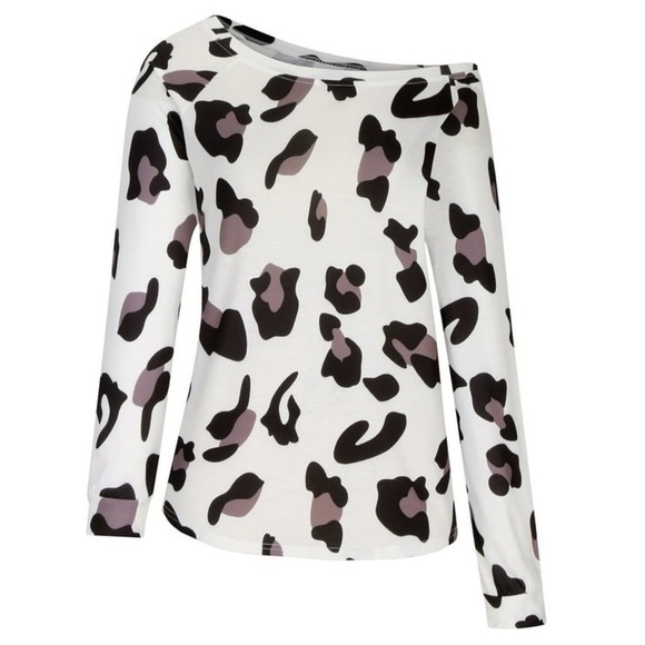 Women’s Off-Shoulder Cheetah Leopard Animal Print Long Sleeve Top - Picture 3 of 6